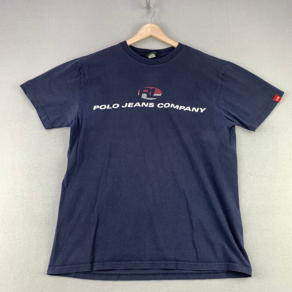 Vintage Polo Jeans Co Ralph Lauren T-Shirt Mens Medium Blue Logo Graphic Tee 90s